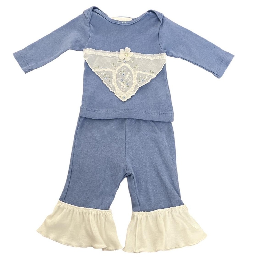 Toni Tierney 2PC Set Baby Girls 3mos Pastel Blue Cream Ruffled Vintage Sweet